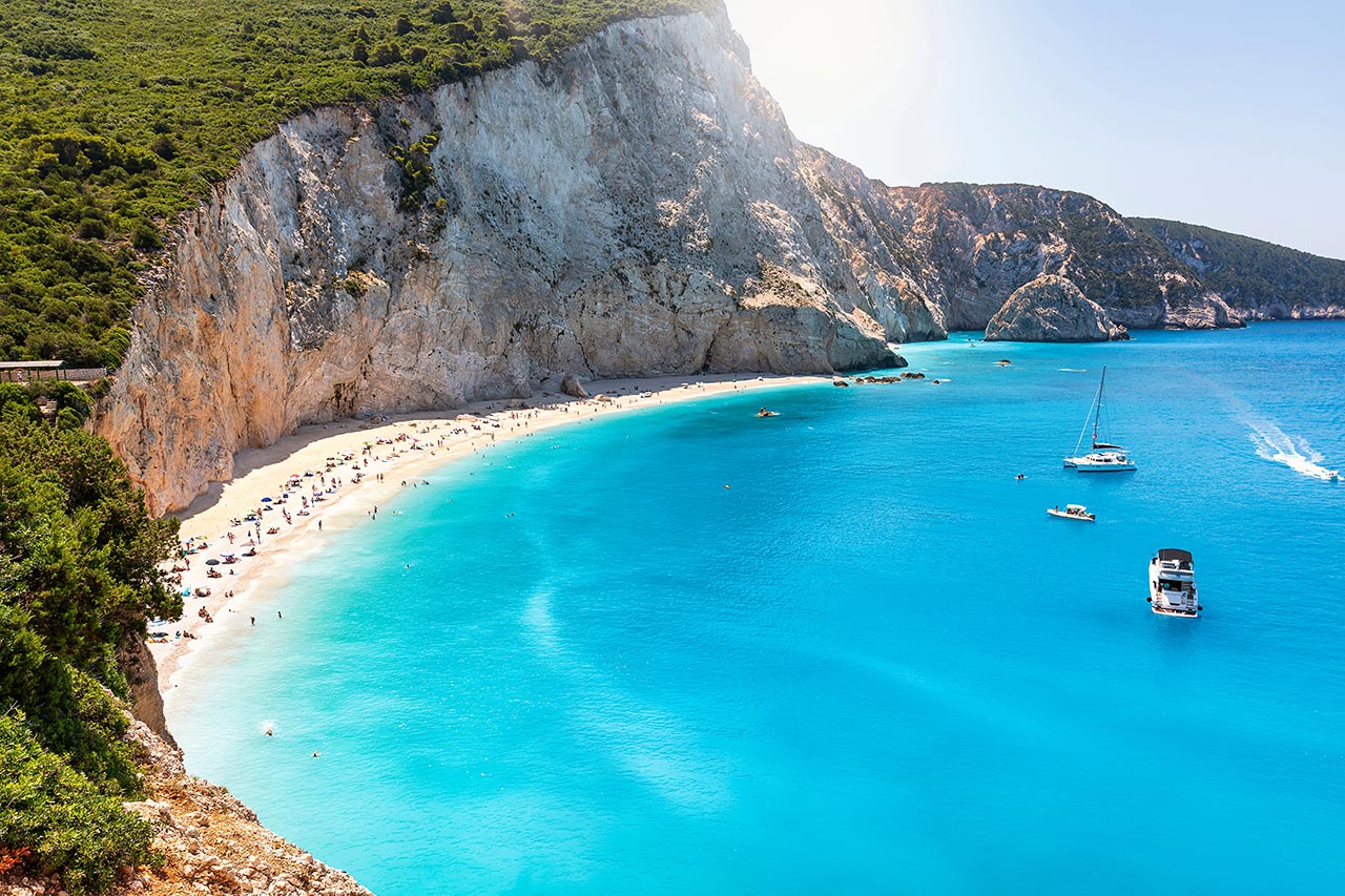 Porto Katsiki beach with turquoise water and white cliffs in Lefkada Greece