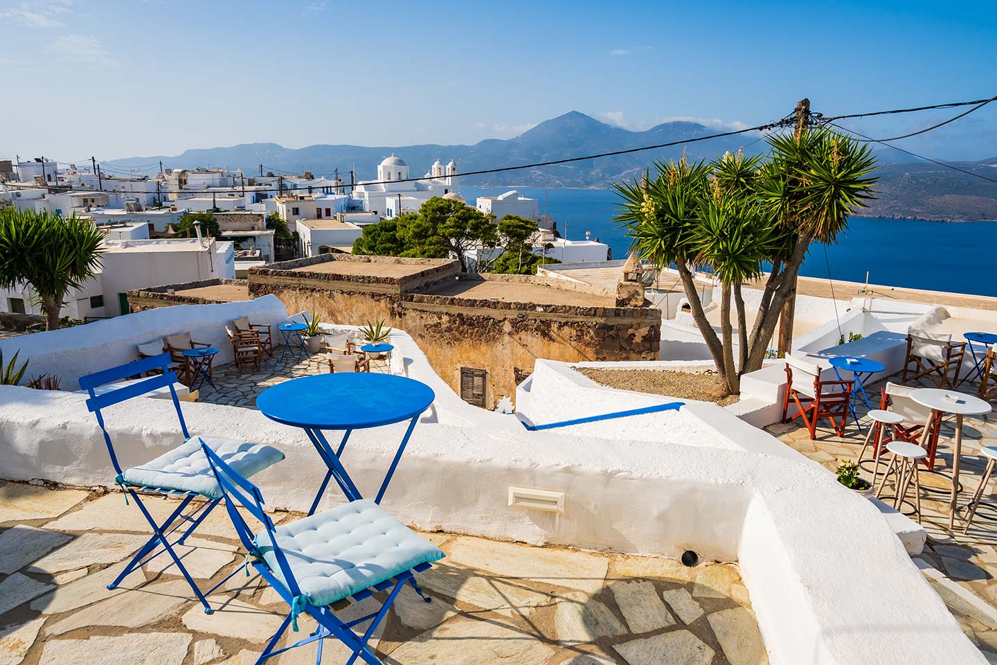 Milos accommodation options terrace view in Plaka village