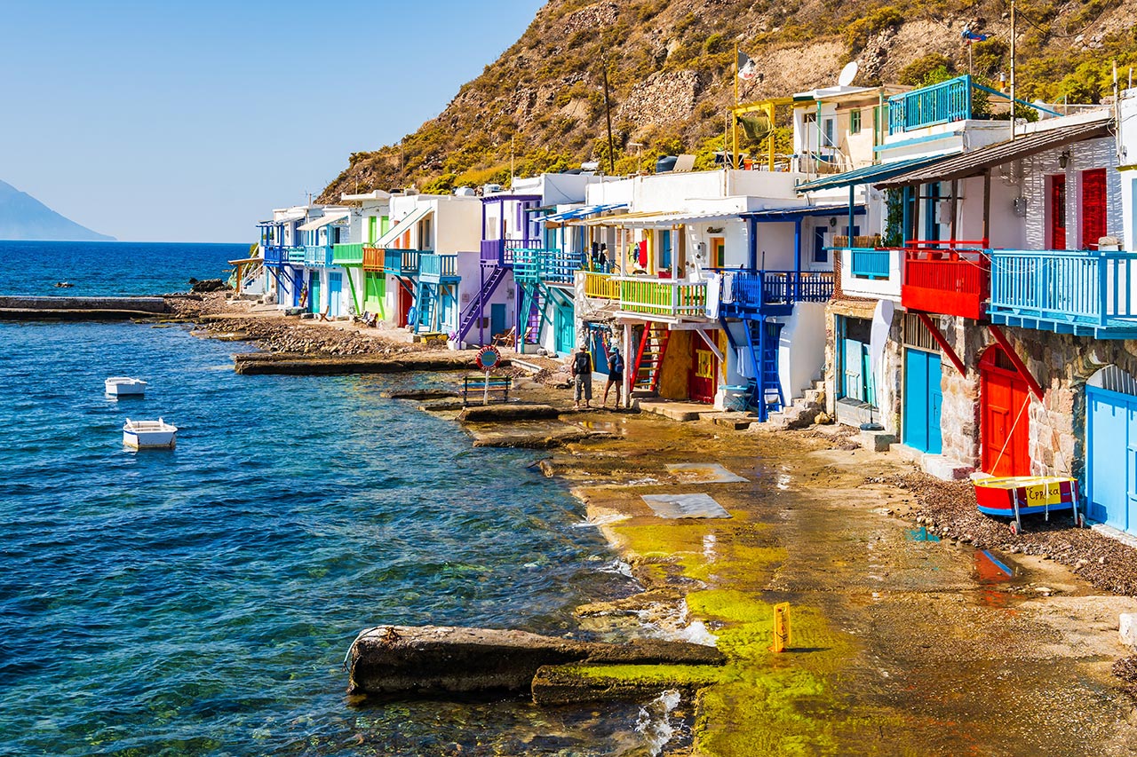 Colorful fishermen houses in Klima village, Milos island Greece