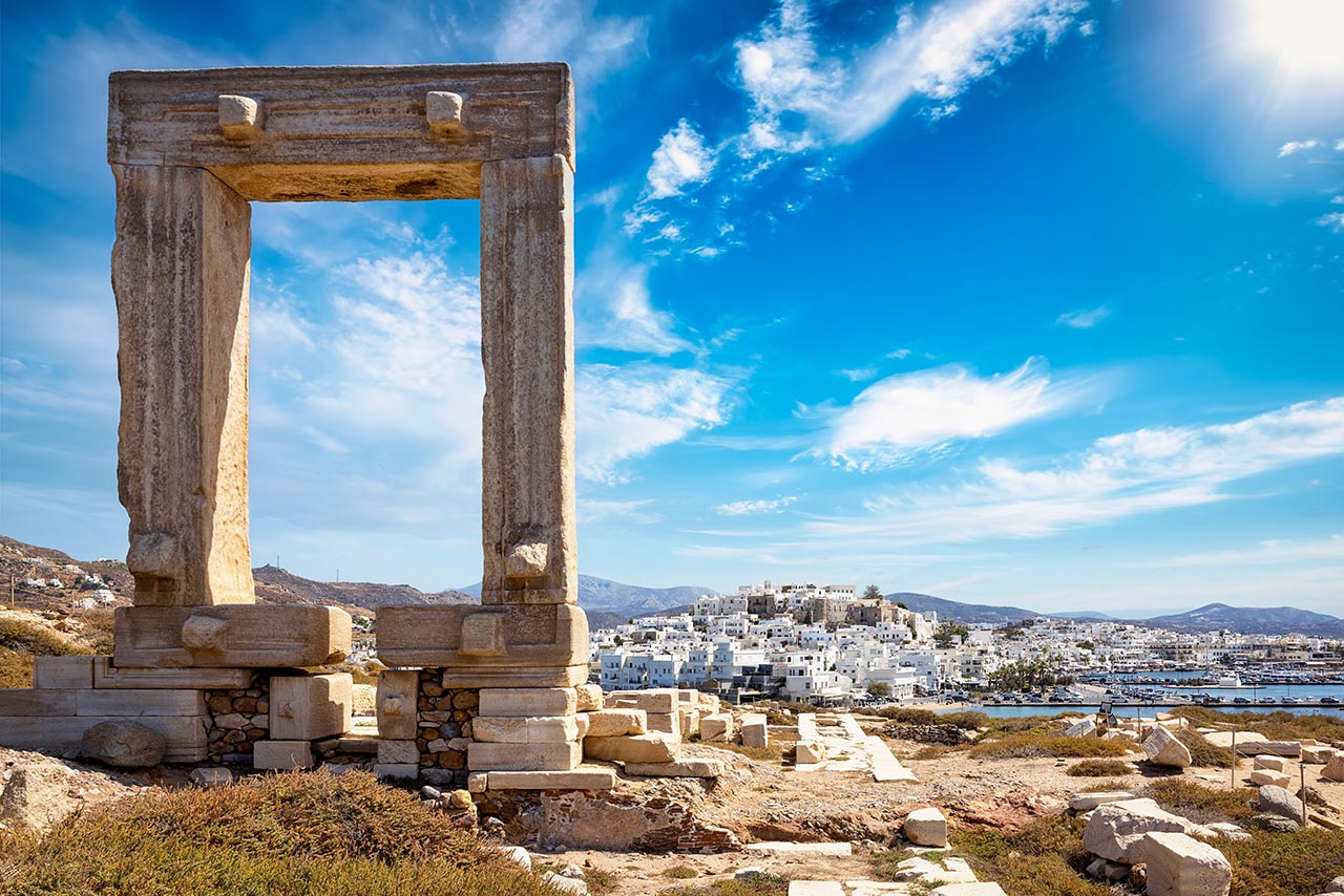 Portara of Naxos overlooking Naxos Town and the Aegean Sea