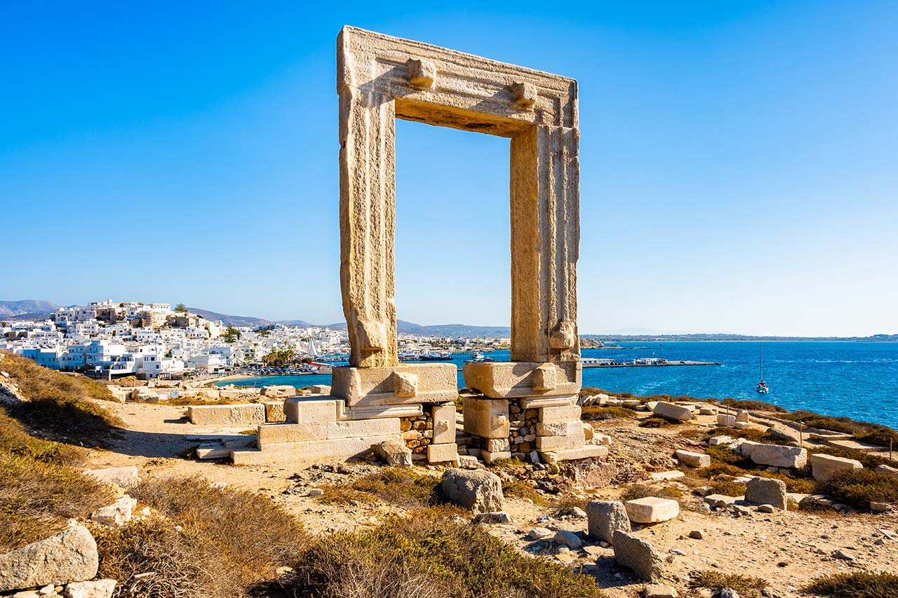 Portara Temple of Apollo overlooking the sea on Naxos island, Greece