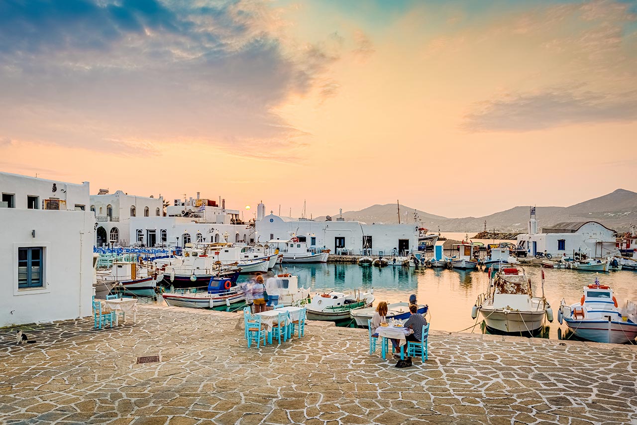 Naoussa harbor at sunset in Paros island Greece