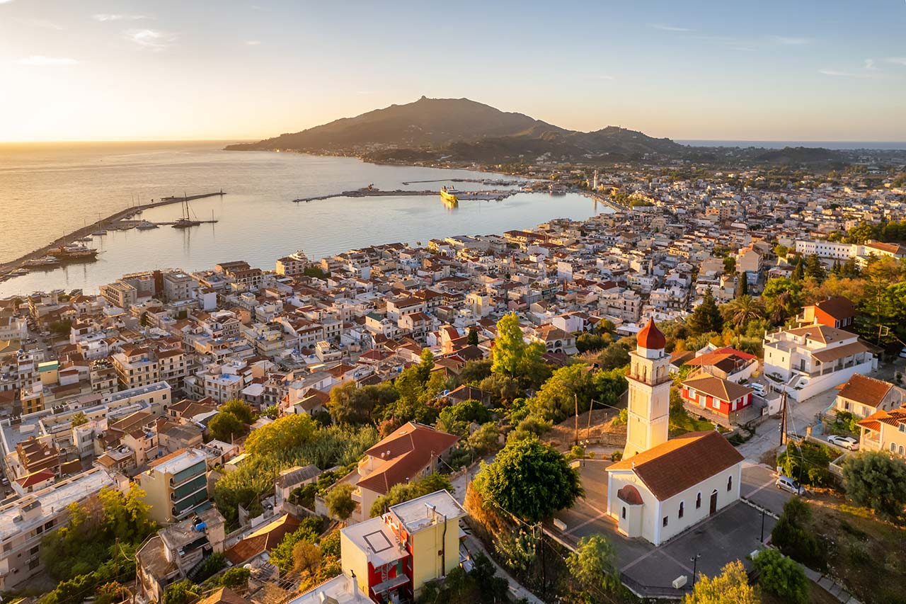 Aerial view of Zakynthos town and harbor on Zakynthos island, Greece